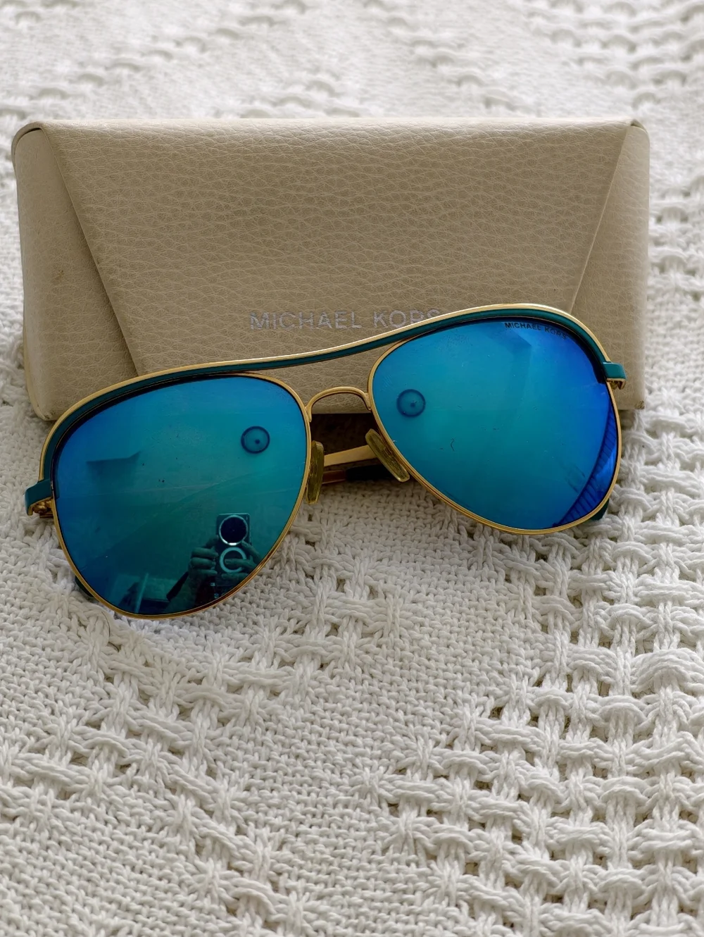 Michael Kors Gold Aviator Sunglasses with Blue Mirrored Lenses - Picture 1 of 4